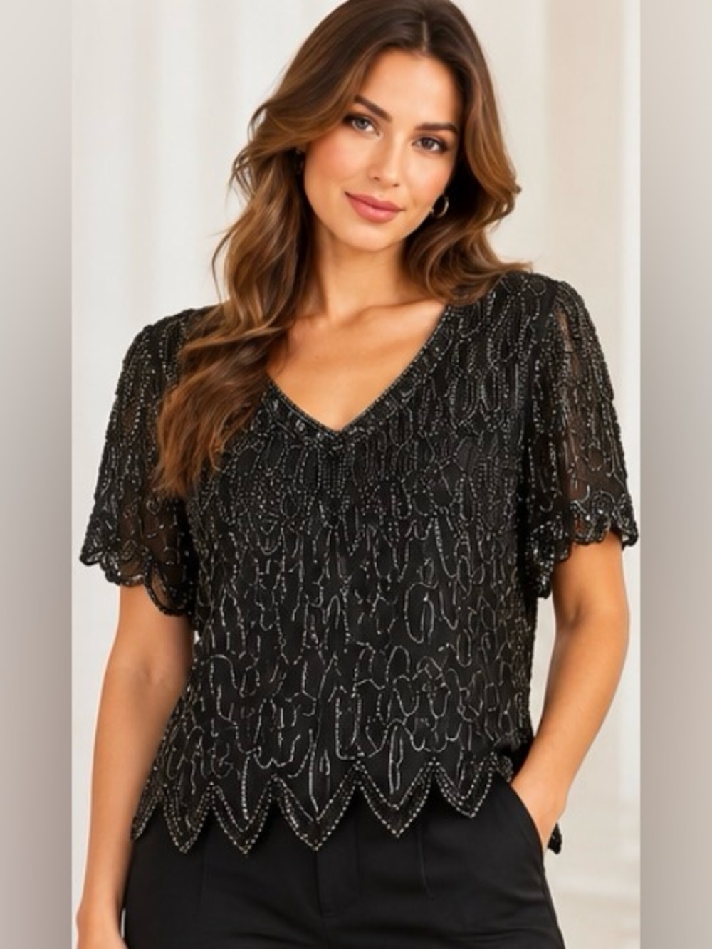 Vintage Laurence Kazar Black Silk Beaded Sequin Blouse M Scalloped Hem